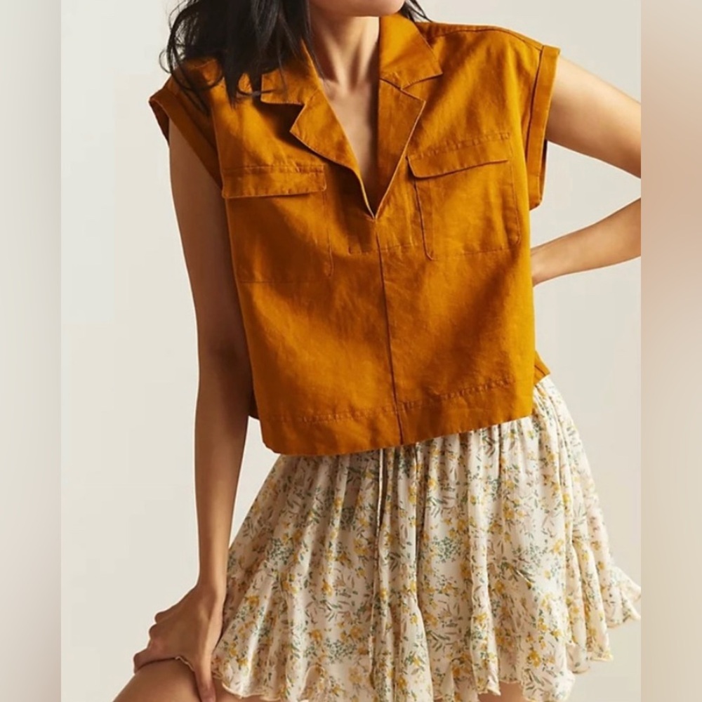 Anthropologie Women’s Mustard Cropped Utility Linen Blend Popover Top Size L